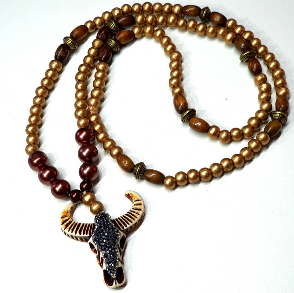 Boho Rhinestone Cow Skull Gold Wood Beads Necklace